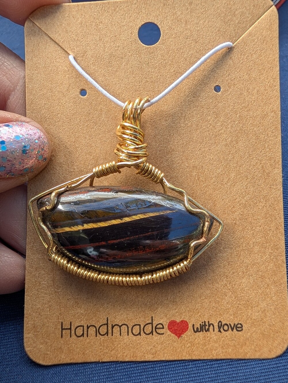 Hand Crafted Gold Wire Tiger Eye Stripe Pendant Necklace